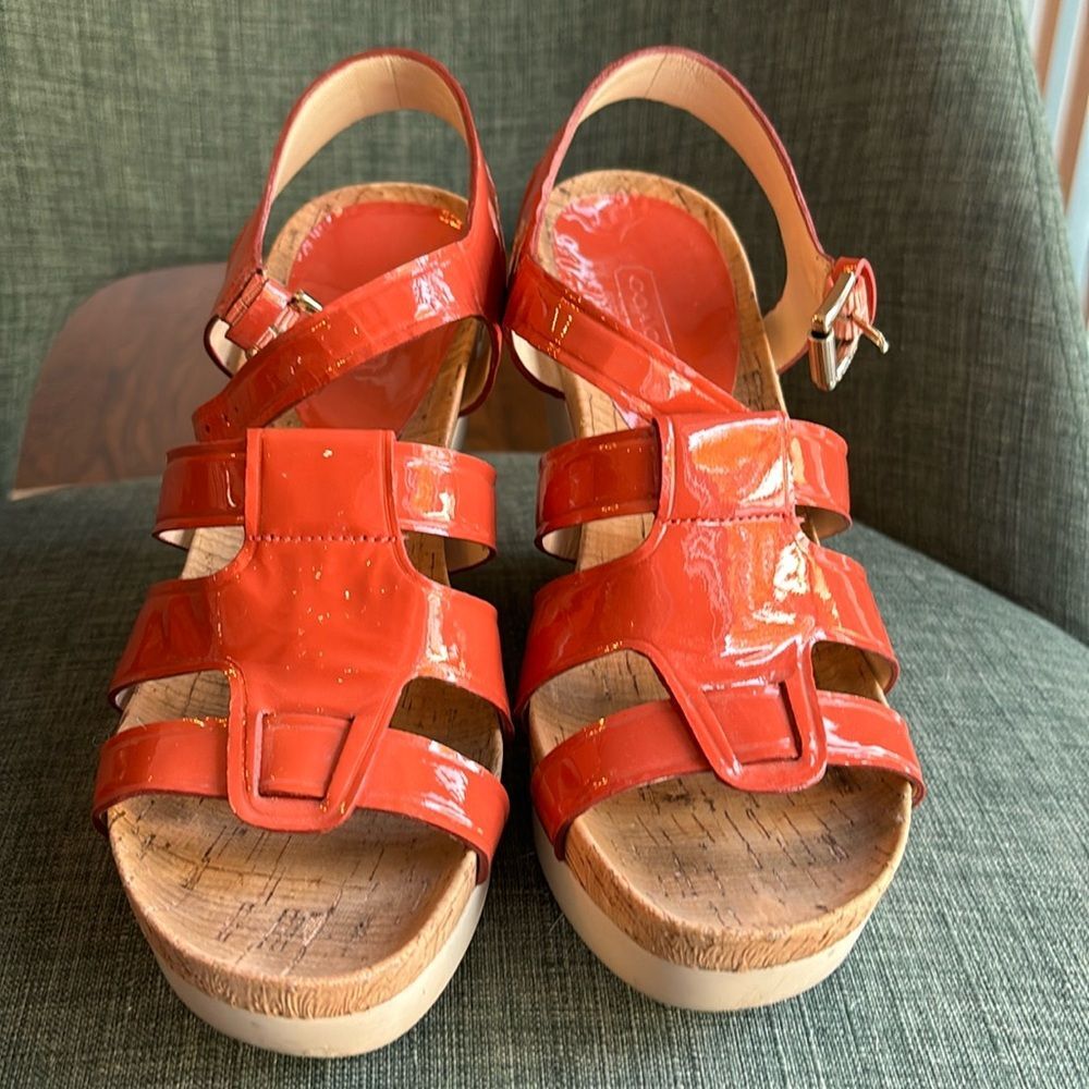 Coach Fran Wedge Ankle Strap Sandals Women sz 7 orange platform patient leather - Picture 2 of 9